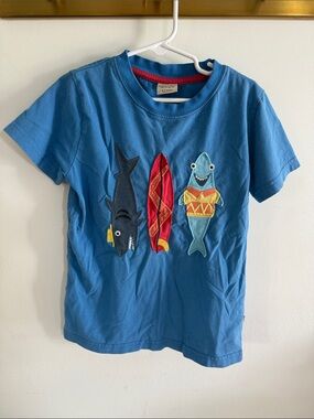 Frugi 6-7y Blue Kids Tee with Shark & Surf Appliqués